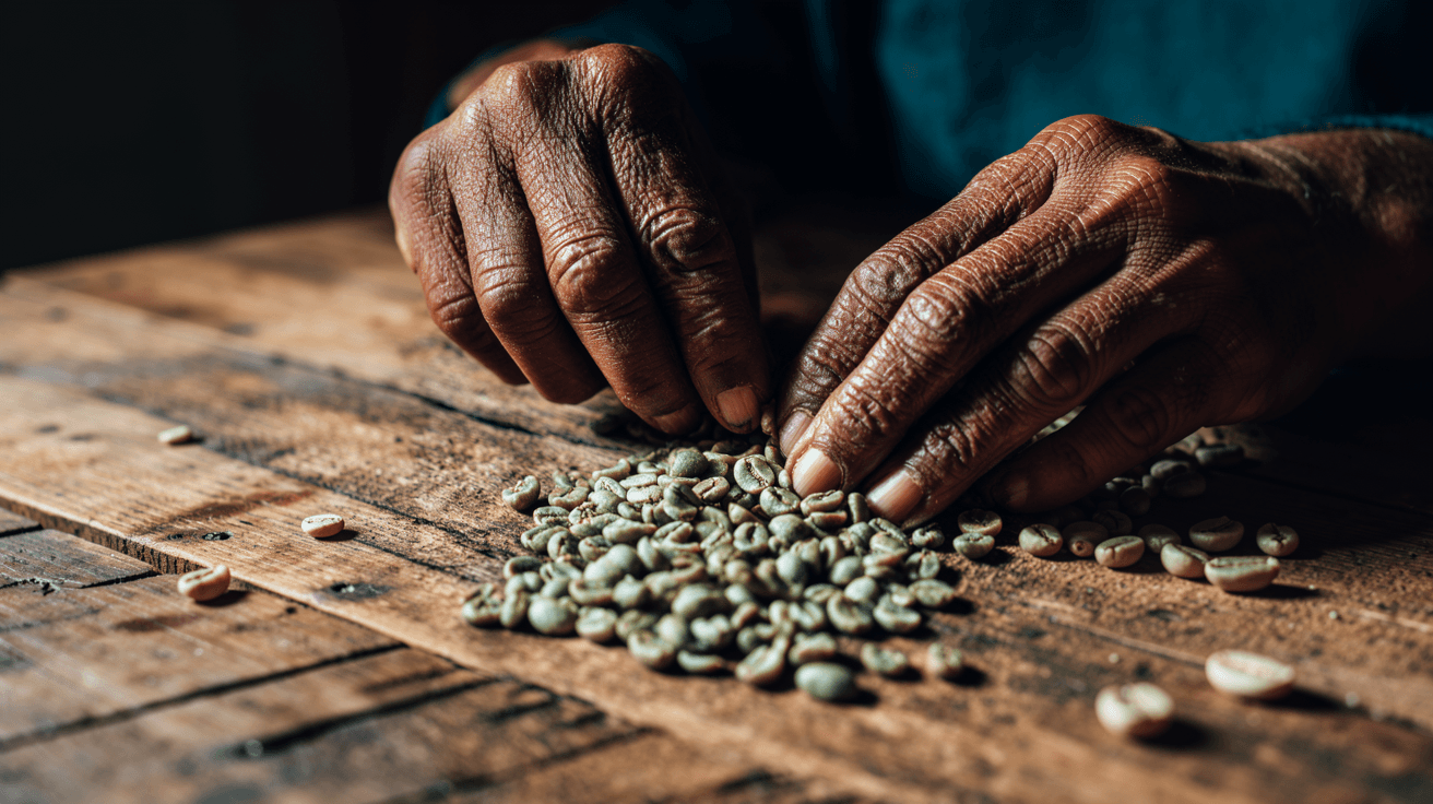 Manos seleccionando granos de café verde en los Altos de Chiapas